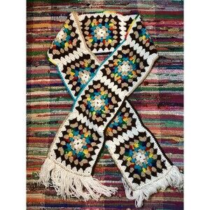 Vintage Y2K Crochet Colorful Granny Square Fringe Boho Long Scarf 70s Vibe